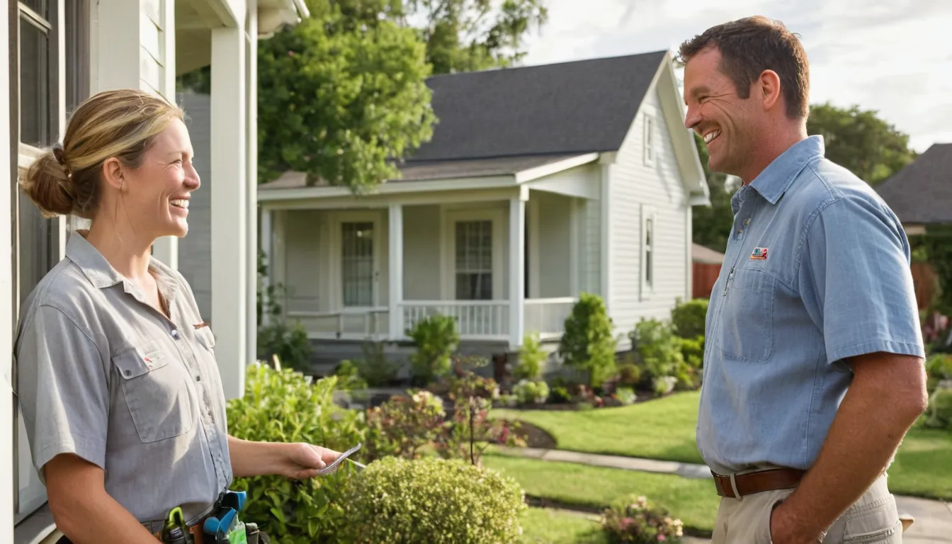 A friendly pest control provider talking with a homeowner outside an older frame house in Pevely