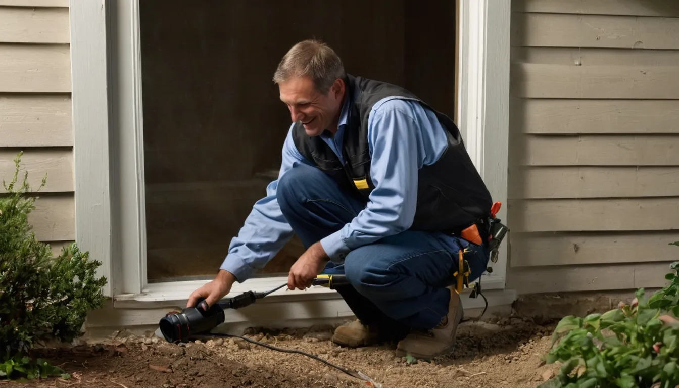 Friendly pest control provider inspecting a basement window of an older home near Pevely